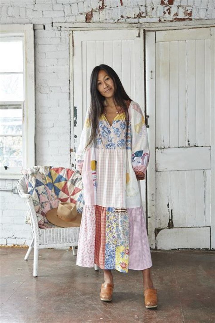 A patchwork, warmly-colored dress.
