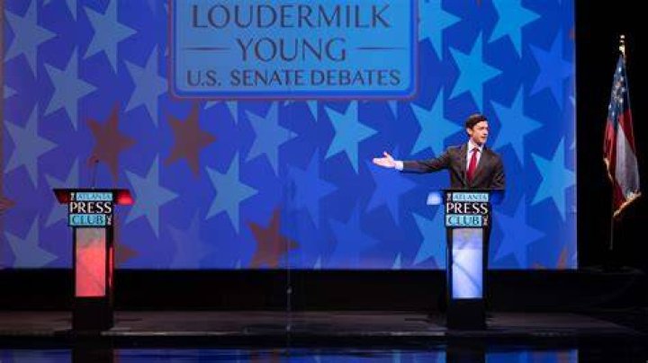 Democratic challenger Jon Ossoff speaks during a debate for U.S. Senate on Sunday, Dec. 6, 2020, in Atlanta. Sen. David Perdue declined to attend the debate. (AP Photo/Ben Gray, Pool)