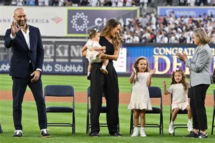 Derek Jeter and family attend Derek Jeter Hall Of Fame Night At Yankee Stadium at Yankee Stadium in the Bronx ,New York, on September , 9,2022 Pictured: Derek Jeter,Hannah Jeter and daughters Story,Bella and River Rose Ref: SPL5433669 090922 NON-EXCLUSIVE Picture by: Jackie Brown / SplashNews.com Splash News and Pictures USA: +1 310-525-5808 London: +44 (0)20 8126 1009 Berlin: +49 175 3764 166 World Rights