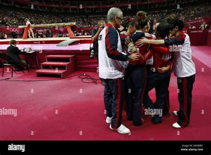Head Coach John Geddert Coach of The United States women's Gymnastics team and longtime owner of Twistars Gymnastics Club in Dimondale prepares with team members Jordyn Wieber, Gabby Douglas, Aly Raisman, McKayla Maroney and Kayla Ross their final turn during the Women's Team Gymnastics competition at North Greenwich Arena, Tuesday, July 31, 2012, in London. the women defeated the Russians to take the gold medal in team competition. (AP Photo/Marc Serota)