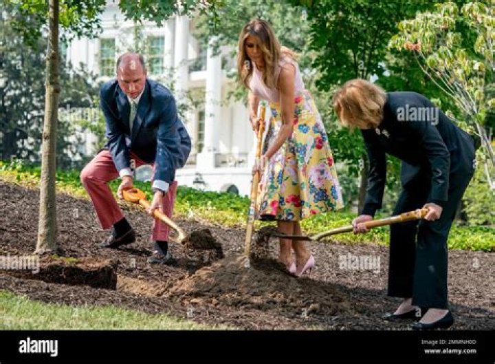Melania Trump, Richard Emory Gatchell Jr., Mary Jean Eisenhower. From left, President James Monroe's fifth generation grandson Richard Emory Gatchell, Jr., first lady Melania Trump, and President Dwight Eisenhower's granddaughter Mary Jean Eisenhower, participate in a presidential tree planting ceremony on the South Lawn of the White House, in Washington. The sapling was grown from the Eisenhower Oak and replaces a tree which blew down during a windstorm earlier this year. Additionally, this year marks the 200th anniversary of President Monroe's family moving back into the White House after the British set fire to it during the War of 1812First Lady Tree Planting, Washington, USA - 27 Aug 2018
