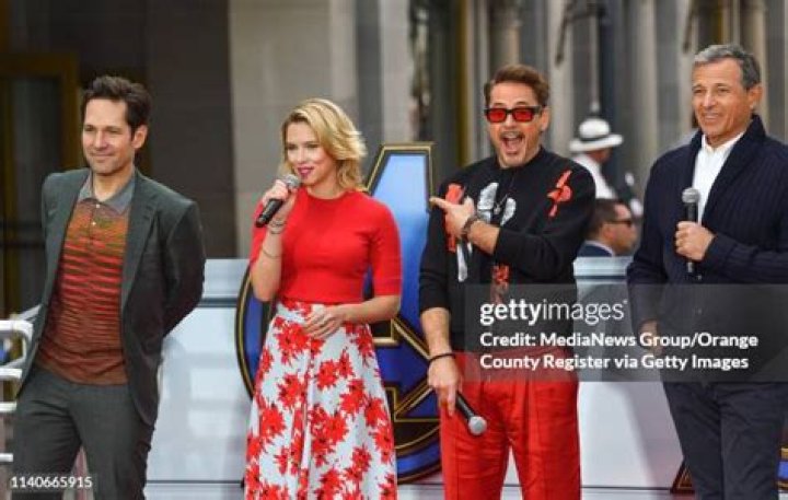 Paul Rudd, Scarlett Johansson, Robert Downey Jr., Robert Iger, Brie Larson, Chris Hemsworth, Jeremy Renner. Paul Rudd, from left, Scarlett Johansson, Robert Downey Jr., Robert Iger, Brie Larson, Chris Hemsworth and Jeremy Renner attend Avengers: Endgame stars and Disney announce Universe Unites Charity at Disney California Adventure Park, in Anaheim, Calif "Avengers: End Game" Photo Op at Disneyland Resort, Anaheim, USA - 05 Apr 2019