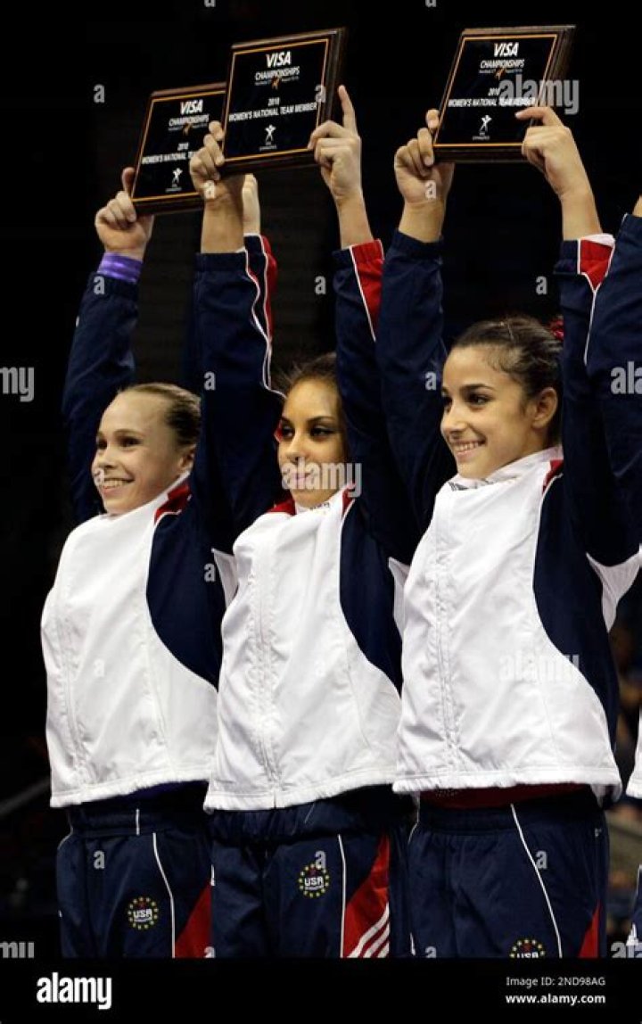 Rebecca Bross, Mattie Larson, Alexandra Raisman From left to right, gold medalist Rebecca Bross, silver medalist Mattie Larson, and bronze medalist Alexandra Raisman of the all-around in the women's senior division, stand before the crowd at the U.S. Gymnastics Championships in Hartford, Conn US Gymnastics Championships, Hartford, USA